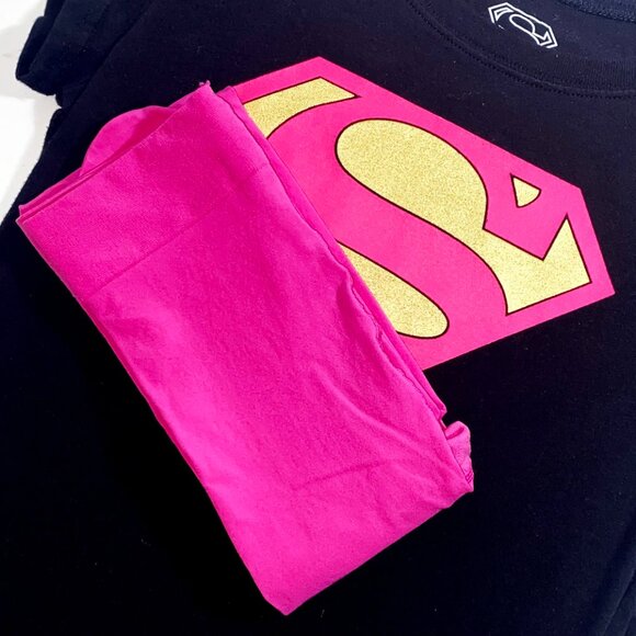 DC COMICS SUPER GIRL PRE-LOVED XL BLACK TEE SHIRT & PINK OPAQUE TIGHTS - Picture 7 of 7